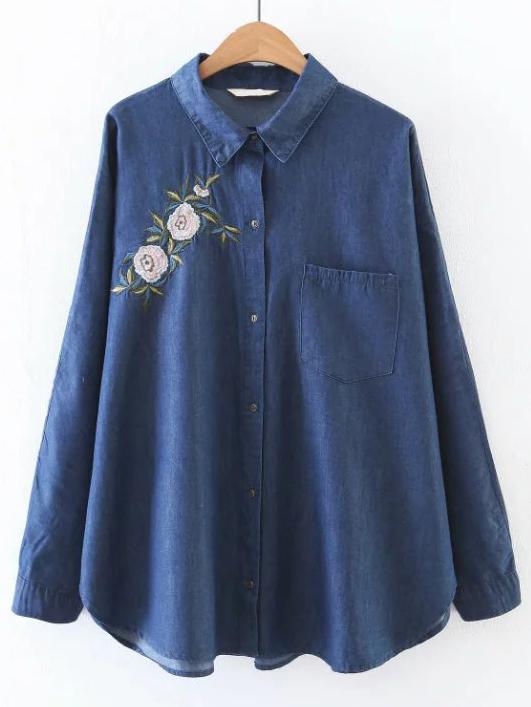 Shein Blue High Low Flower Embroidery Pocket Denim Blouse