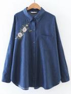 Shein Blue High Low Flower Embroidery Pocket Denim Blouse