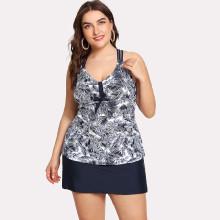 Shein Plus Cross Back Leaf Print Tankini Set