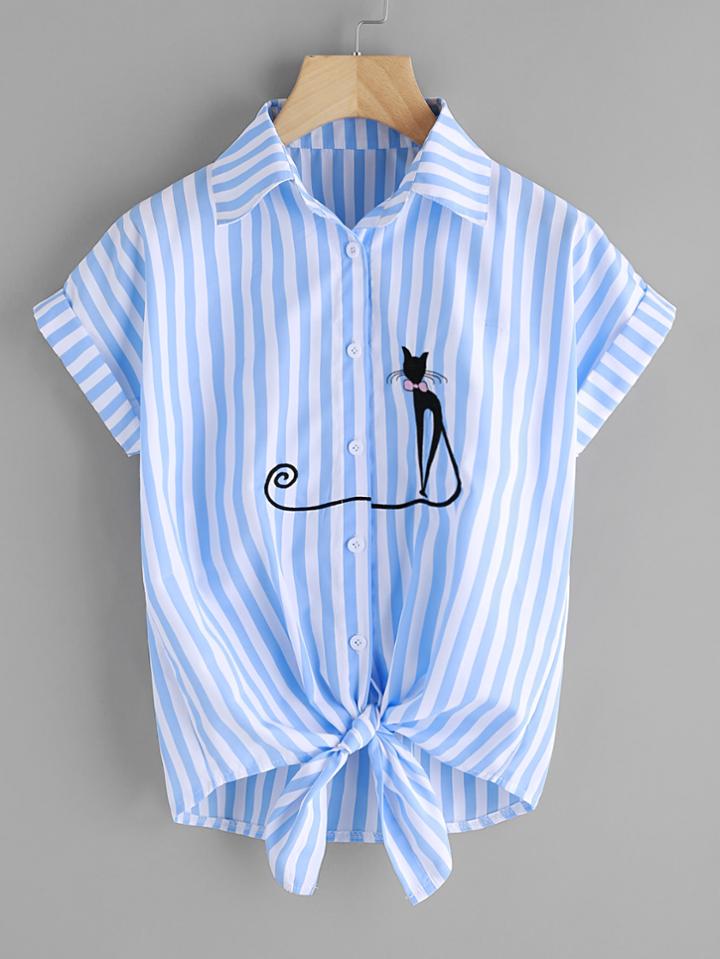 Shein Contrast Striped Cat Embroidery Cuffed Shirt