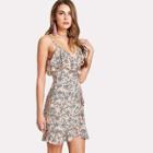 Shein Flower Print Asymmetrical Shoulder Ruffle Trim Dress