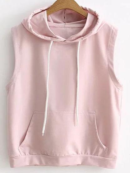 Shein Pink Drawstring Hooded Vest With Pocket