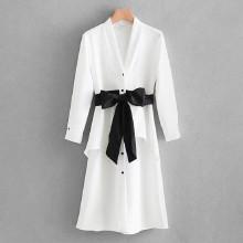 Shein Contrast Bow Tie Detail Ruffle Shirt Dress