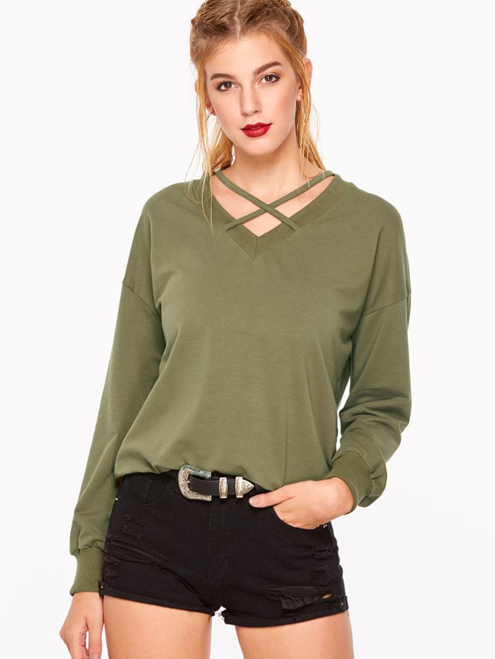 Shein Army Green Criss Cross V Neck Drop Shoulder Sweatshirt
