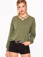Shein Army Green Criss Cross V Neck Drop Shoulder Sweatshirt