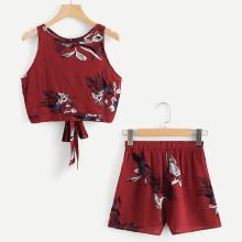 Shein Plus Knot Back Split Detail Crop Top With Shorts