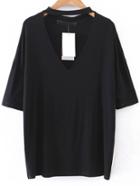 Shein Black Choker V Neck Drop Shoulder T-shirt