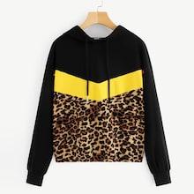 Shein Drawstring Color Block Leopard Hoodie