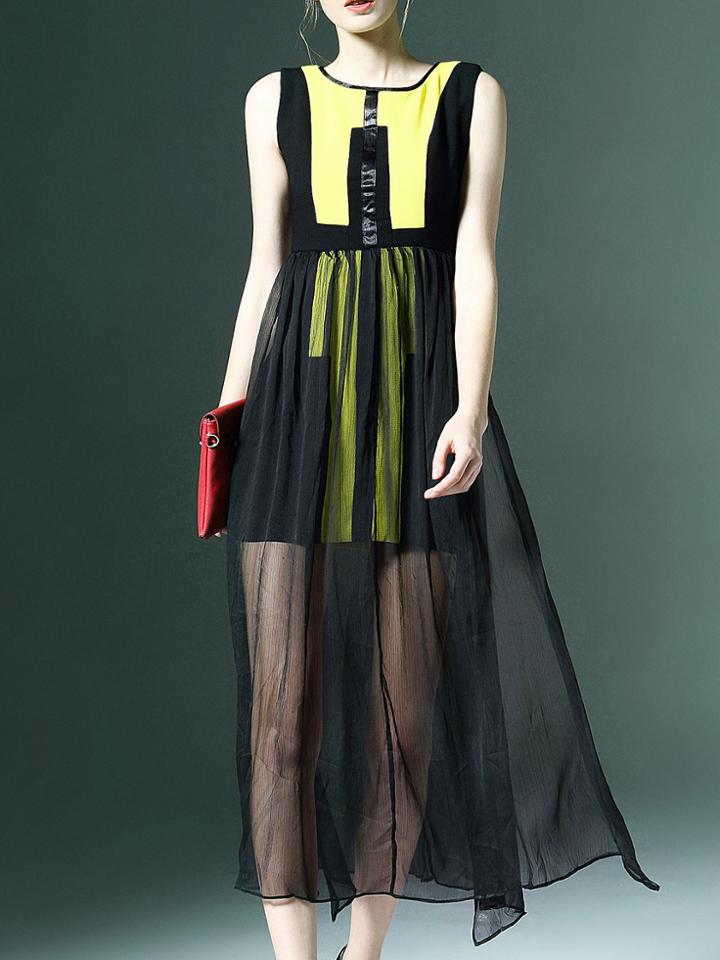 Shein Yellow Black Crew Neck Sheer Midi Dress