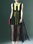 Shein Yellow Black Crew Neck Sheer Midi Dress