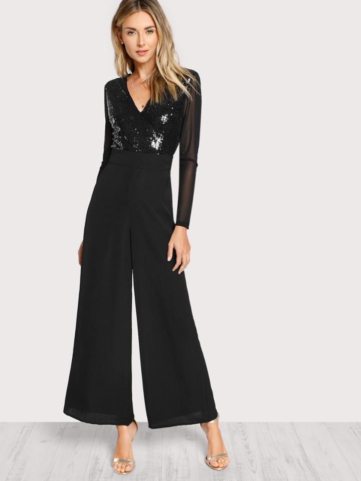 Shein Sequin Bodice Wide Leg Jumpsuit