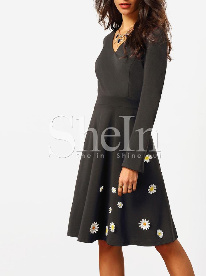 Shein Black Applique A Line Dress