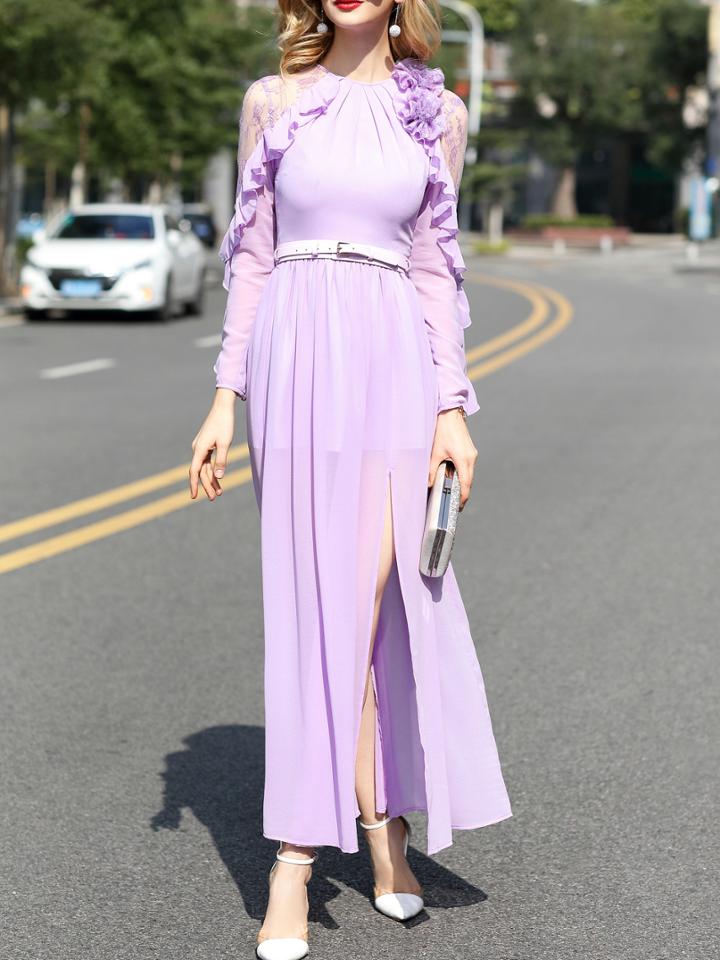 Shein Purple Contrast Gauze Belted Flowers Applique Split Dress