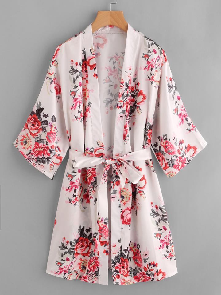 Shein Flower Print Self Tie Robe