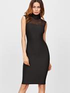 Shein Black High Neck Fishnet Yoke Pencil Dress