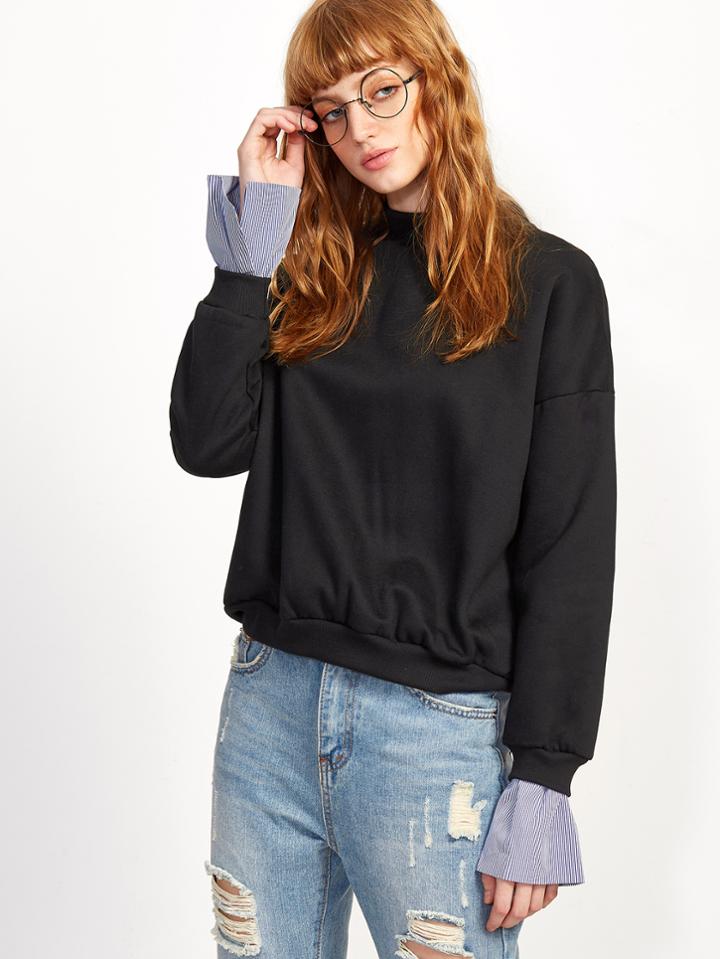 Shein Black Drop Shoulder Contrast Striped Cuff Sweatshirt