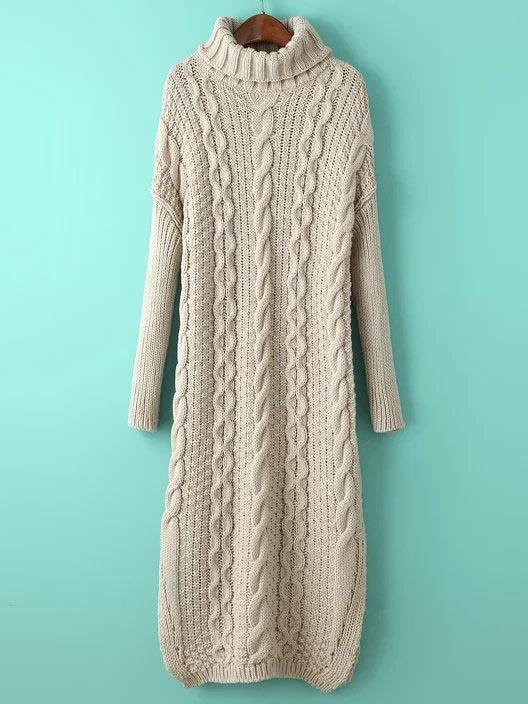 Shein Beige Cable Knit Turtleneck Slit Maxi Sweater Dress