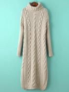 Shein Beige Cable Knit Turtleneck Slit Maxi Sweater Dress