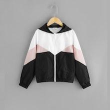 Shein Girls Zip Up Hooded Colo-block Jacket