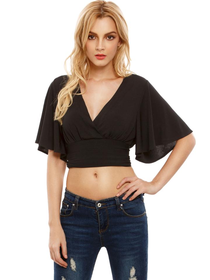 Shein Plunge Tie Back Flutter Sleeve Crop Top