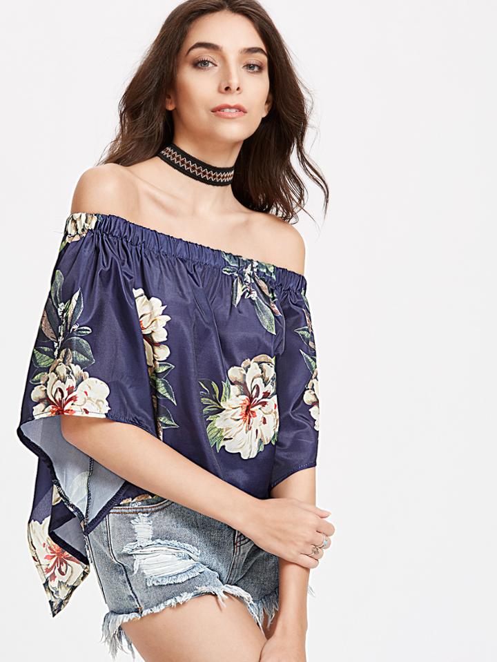 Shein Navy Florals Off The Shoulder Slit Back Top