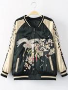 Shein Black Rib-knit Cuff Crane Embroidery Pocket Jacket