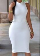Rosewe White Stand Collar Cutout Waist Bodycon Dress