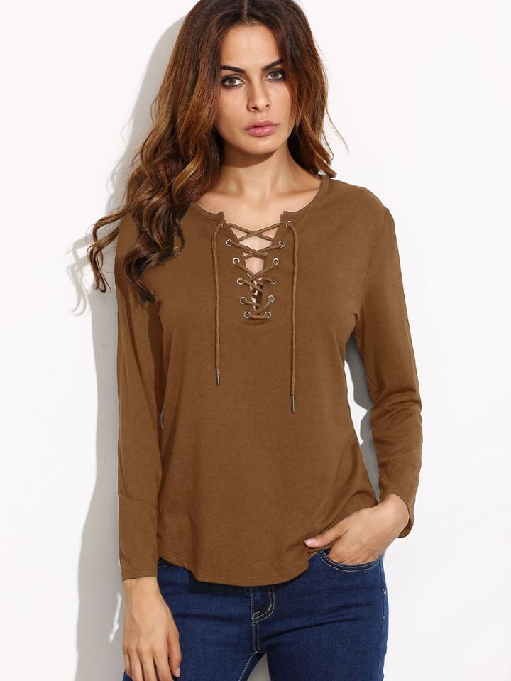 Shein Khaki Eyelet Lace Up Curved Hem T-shirt