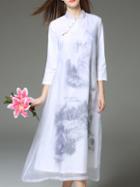 Shein White Gauze Ink Print Midi Dress