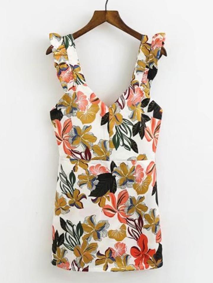 Shein V-cut Ruffle Trim Zipper Back Playsuit