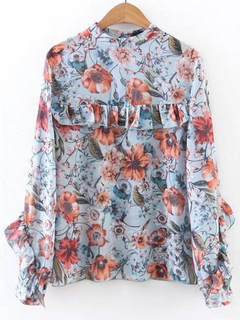Shein Floral Ruffle Trim Blouse