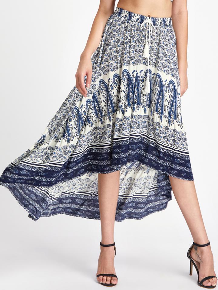 Shein Tassel Tie Waist High Low Paisley Skirt