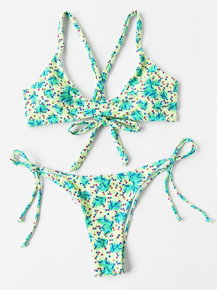 Shein Dot & Plant Print Cross Back Bikini Set