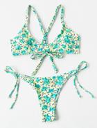 Shein Dot & Plant Print Cross Back Bikini Set