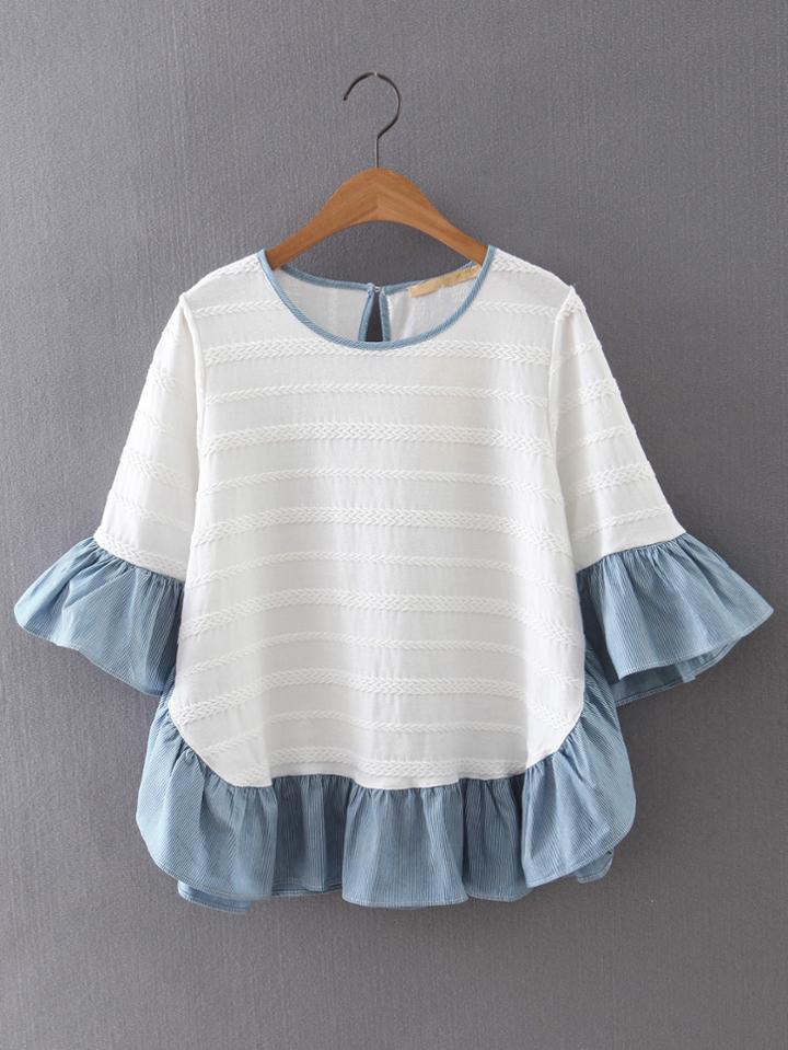 Shein Flounce Trumpet Sleeve Knit Jacquard Blouse