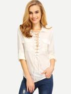 Shein Plunge Lace Up Dual Pockets Curved Hem Blouse