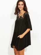 Shein Black Crochet Neck Drop Waist Dress With Pocket