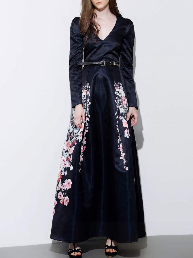 Shein Navy V Neck Long Sleeve Drawstring Floral Print Dress