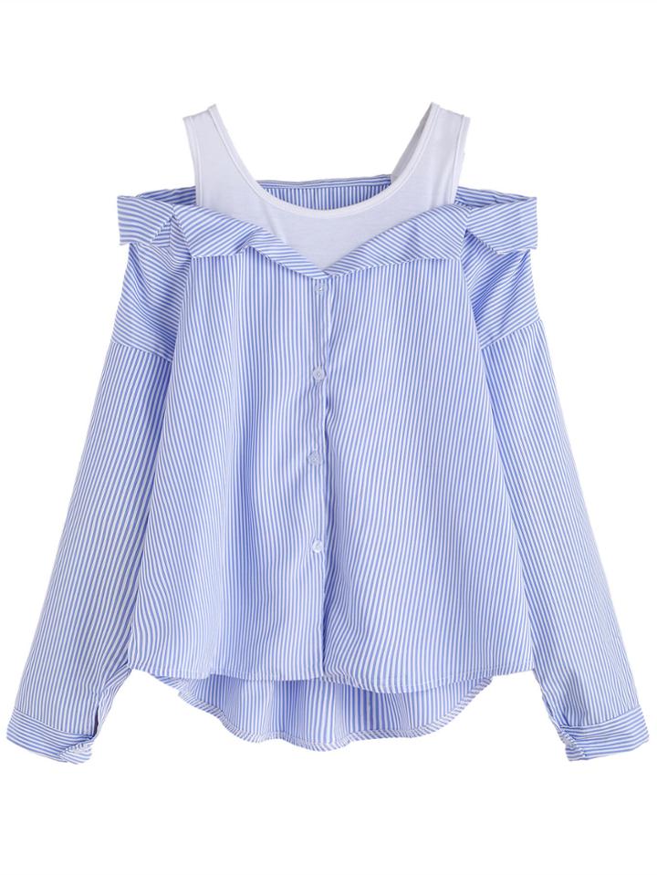 Shein Open Shoulder Vertical Striped Dip Hem Blouse