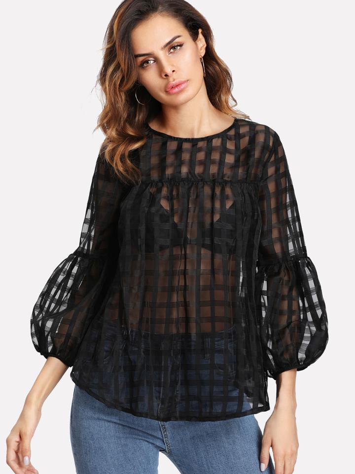 Shein Lantern Sleeve Grid Mesh Smock Top