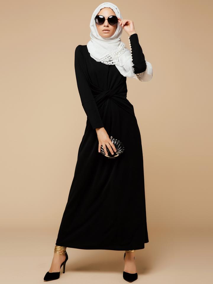Shein Black Long Sleeve Beaded Abaya Dress