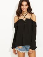 Shein Black Lace Up Cold Shoulder Ruffle Top