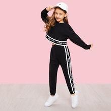 Shein Girls Lettering Trim Pullover & Pants Set