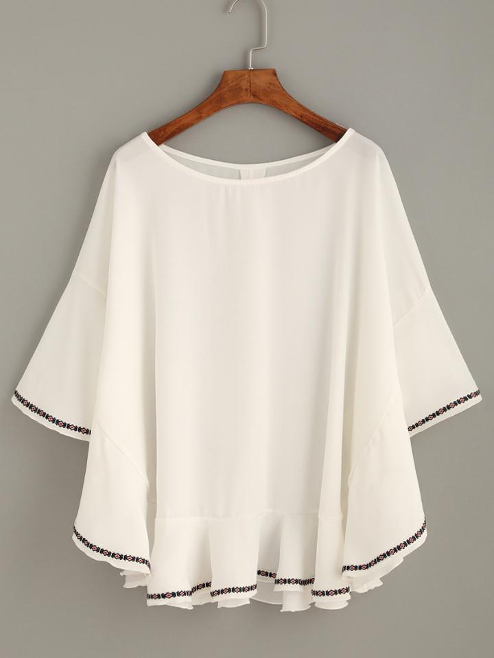 Shein White Bell Sleeve Embroidered Tape Detail Blouse