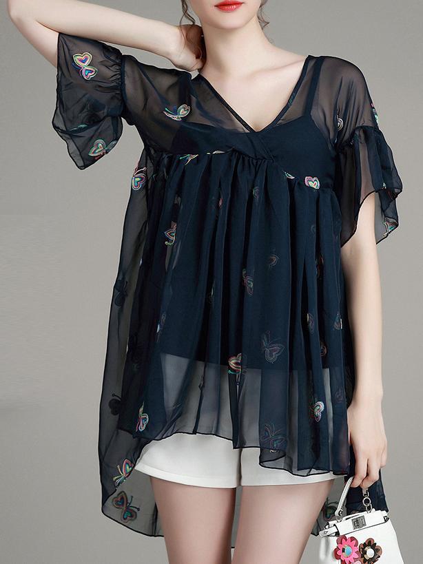 Shein Navy V Neck High Low Dip Hem Blouse With Cami Top