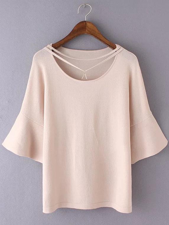 Shein Pink Bell Sleeve Triangle Necklace Knit Blouse