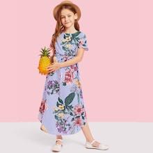 Shein Girls Curved Hem Striped And Flower Belted Dress