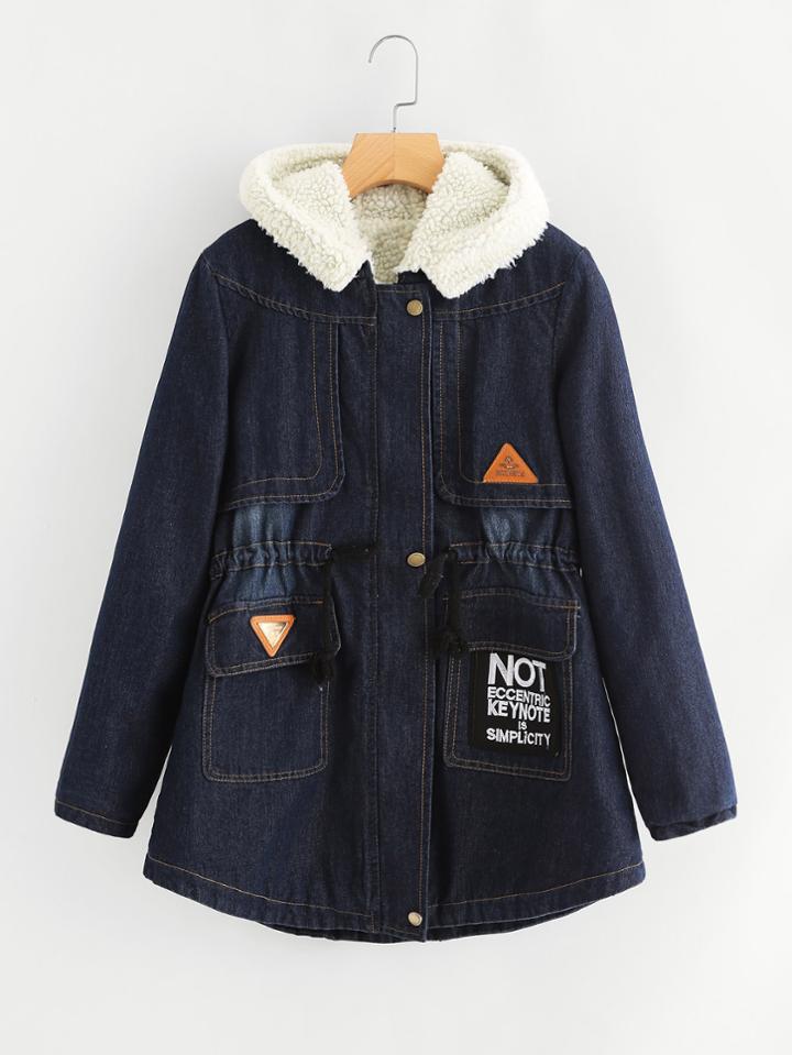 Shein Faux Fur Lined Drawstring Waist Denim Coat