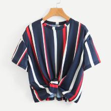 Shein Knot Hem Crop Striped Tee