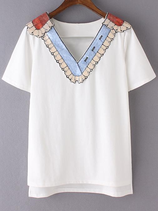 Shein White Dip Hem Sequined V Neck Short Sleeve T-shirt